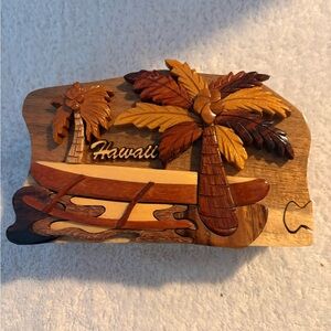 Hawaii Wooden Jewelry Box with Palm Trees and Canoe- handmade by the natives